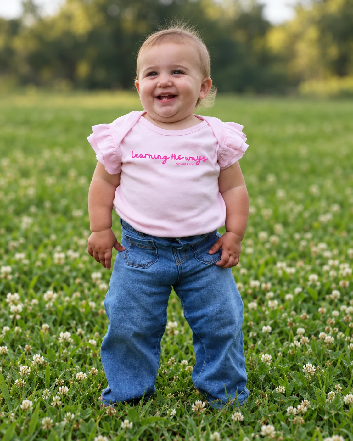A baby wearing the pink Learning His Ways ruffle-sleeve onesie
