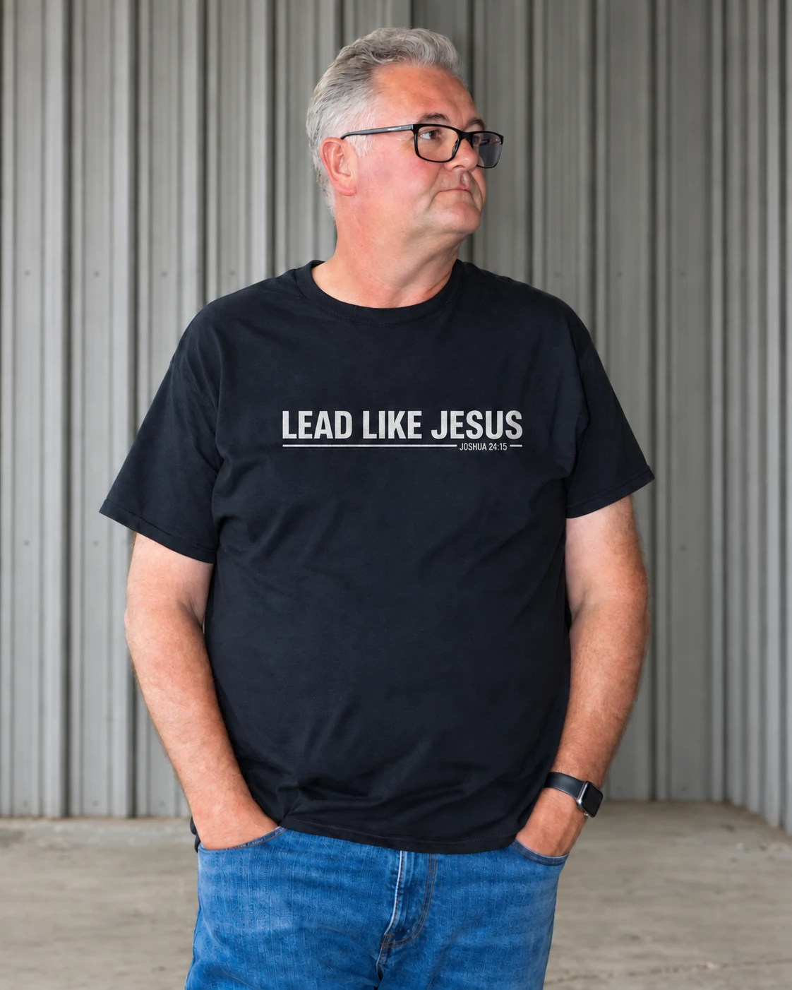 A man wearing the Lead Like Jesus tee