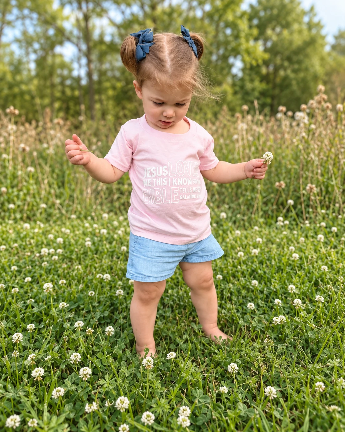 A little one exploring a clover field in a Jesus Loves Me tee